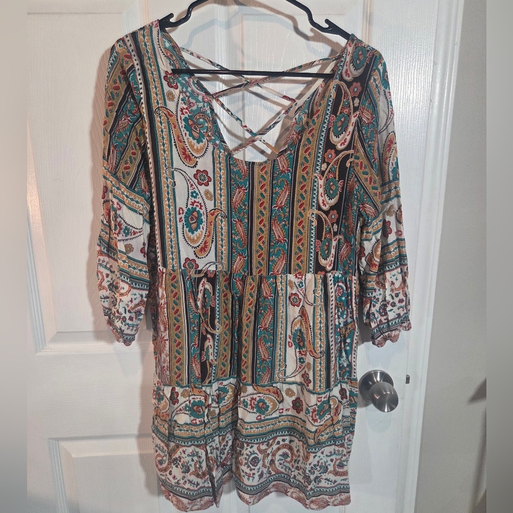 Umgee Boho Paisley Mini Dress in Mustard, Teal & Rust - Picture 3 of 9